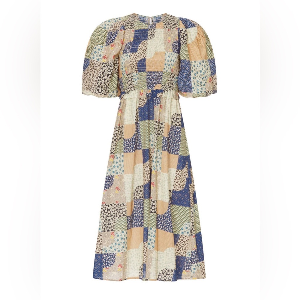 Sea New York Patchwork Midi Dress in Blue, Cream, Green